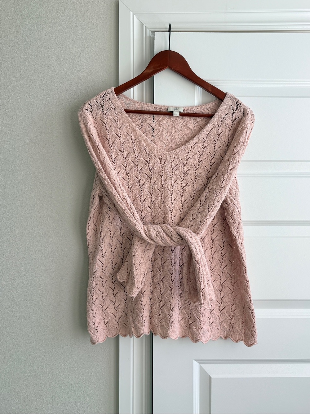 J. Jill Pink Pointelle Knit V Neck Scalloped Sweater L